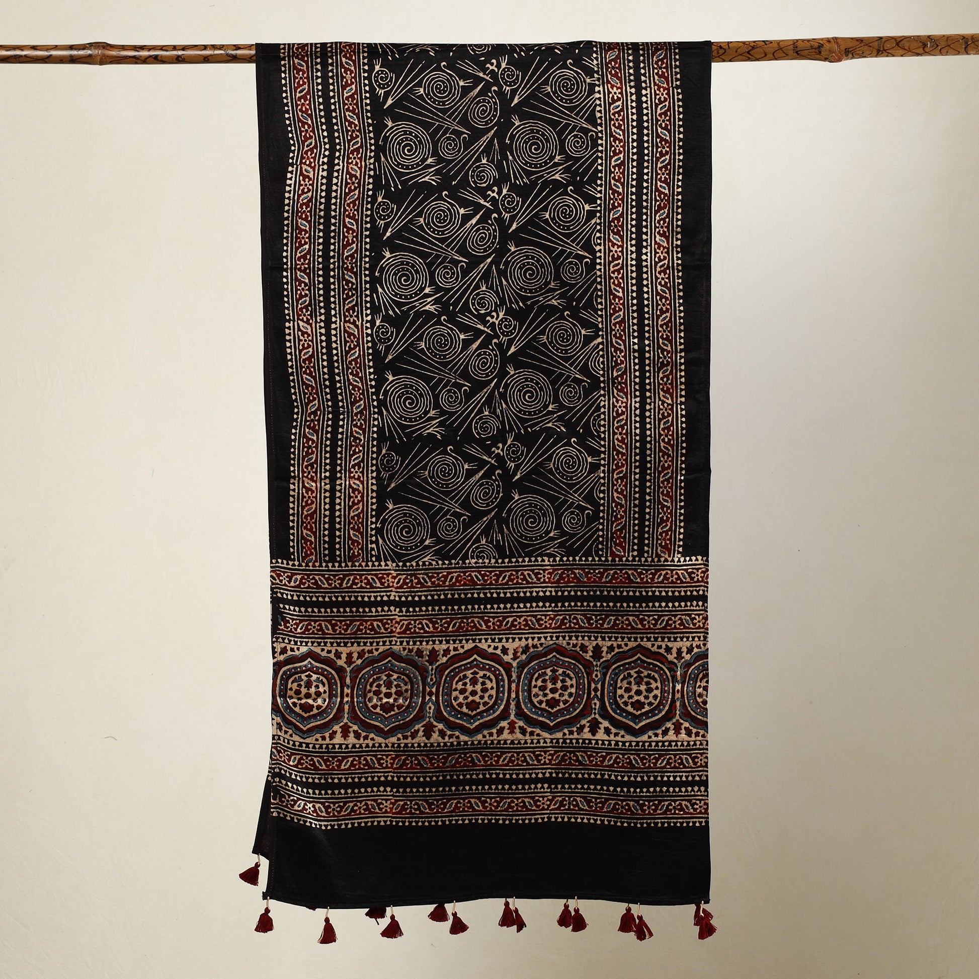 Black - Ajrakh Block Printed Mashru Silk Stole with Tassels