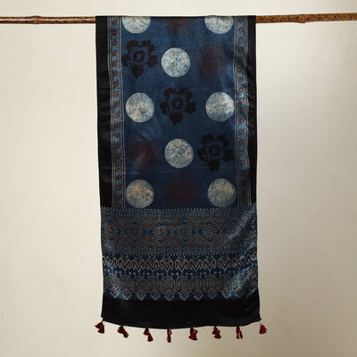 Blue - Ajrakh Block Printed Mashru Silk Stole with Tassels