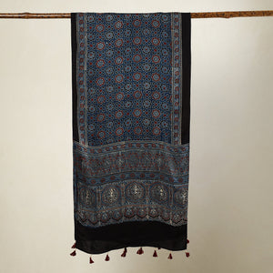 Blue - Ajrakh Block Printed Modal Silk Stole with Tassels