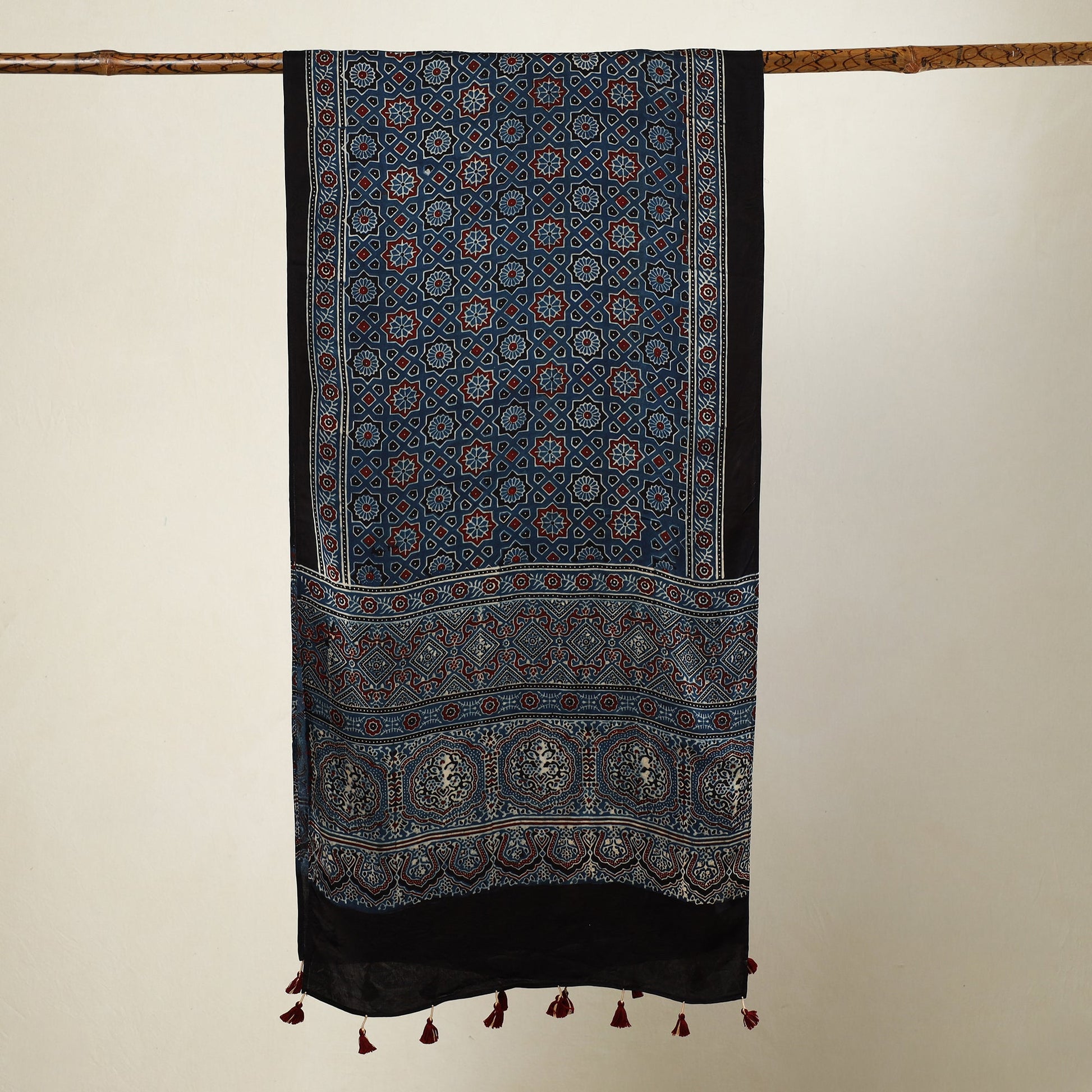 Blue - Ajrakh Block Printed Modal Silk Stole with Tassels