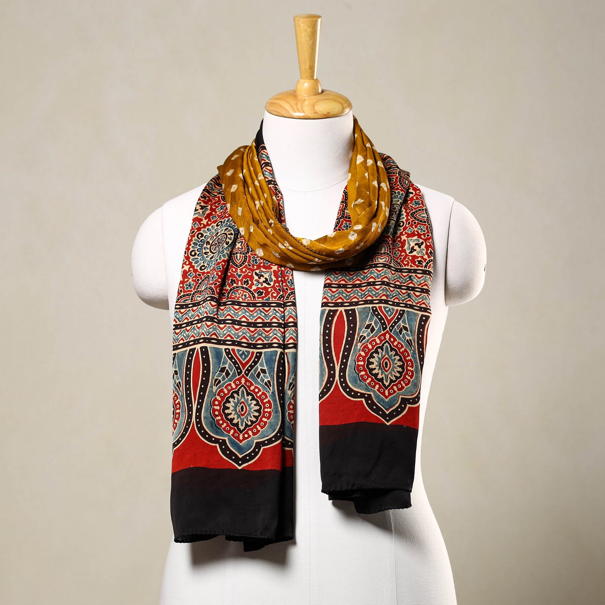 Brown - Kutch Bandhani Tie-Dye Ajrakh Block Printed Modal Silk Stole