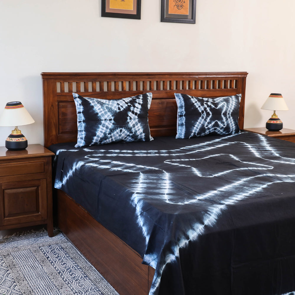 Black - Tie & Dye Cotton Double Shibori Bed Sheet Set