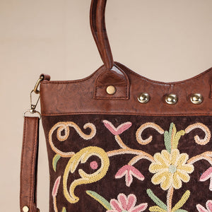 Brown - Original Crewel Hand Embroidered Hand Bag with Leather Handle