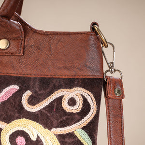 Brown - Original Crewel Hand Embroidered Hand Bag with Leather Handle