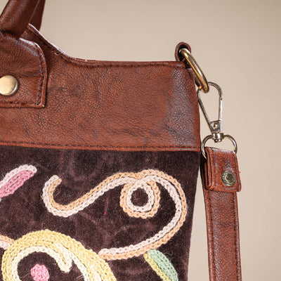 Brown - Original Crewel Hand Embroidered Hand Bag with Leather Handle