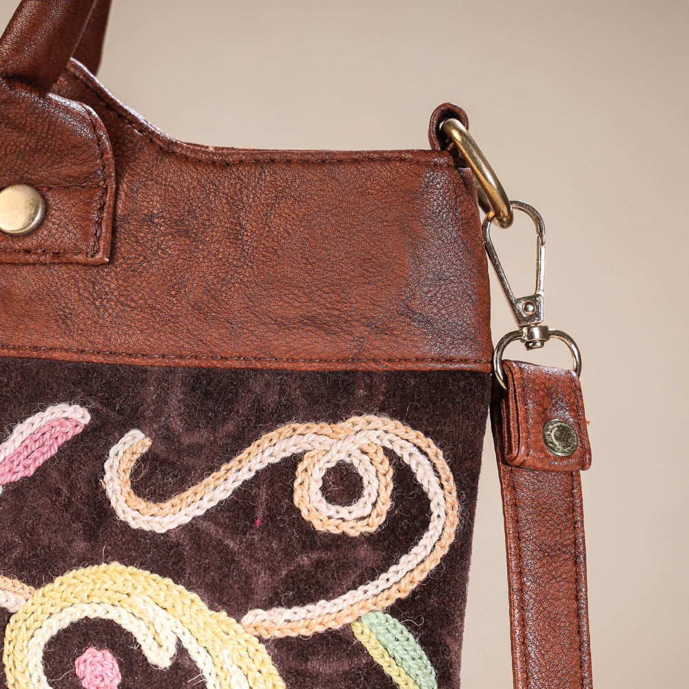 Brown - Original Crewel Hand Embroidered Hand Bag with Leather Handle