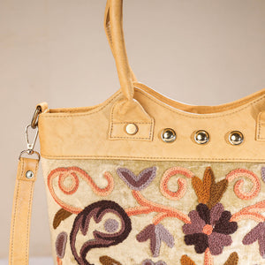 Beige - Original Crewel Hand Embroidered Hand Bag with Leather Handle