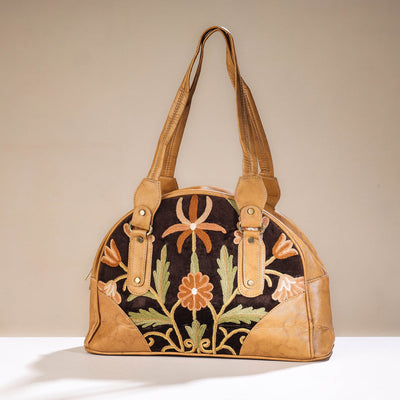 Brown - Original Crewel Hand Embroidered Leather Hand Bag