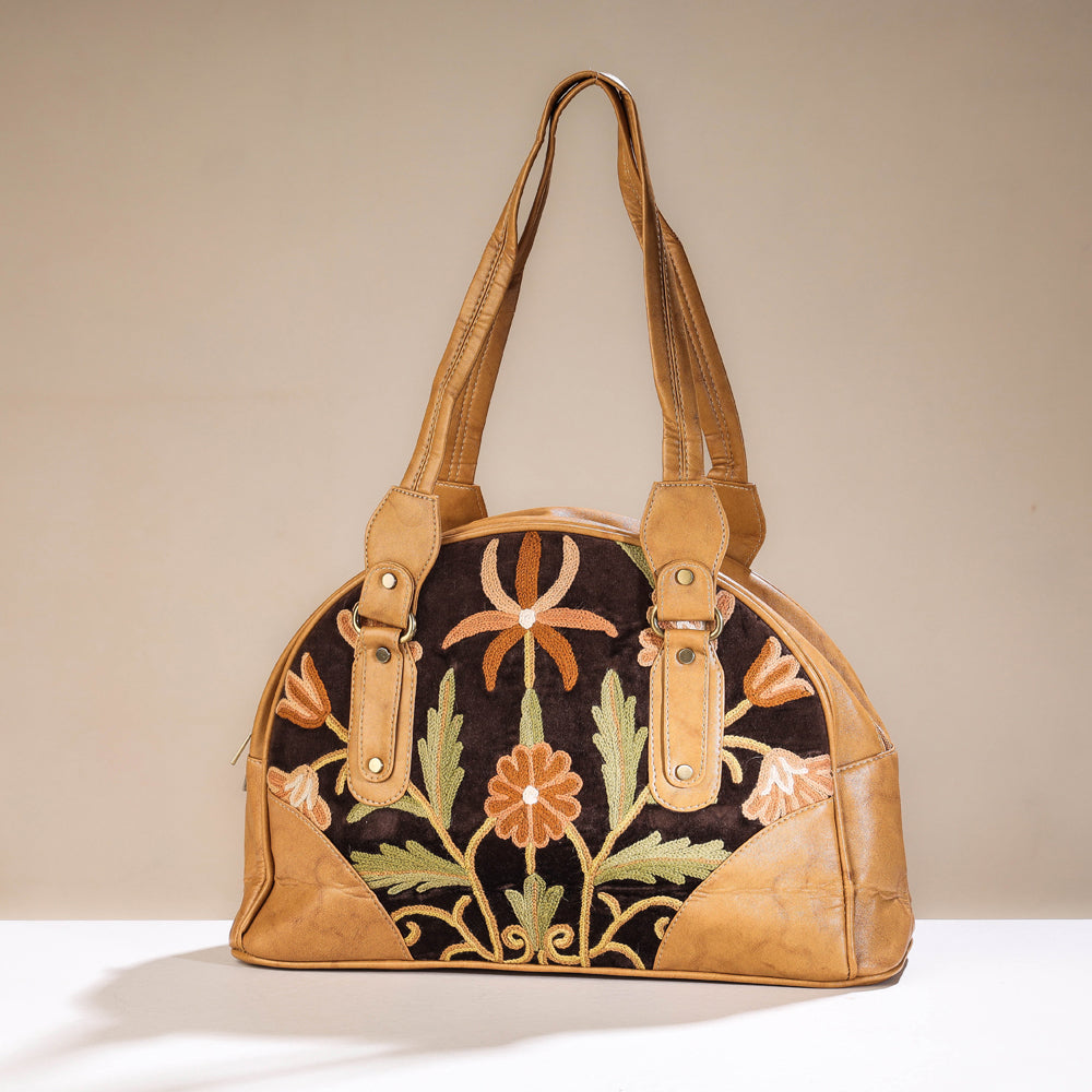 Brown - Original Crewel Hand Embroidered Leather Hand Bag