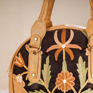 Brown - Original Crewel Hand Embroidered Leather Hand Bag