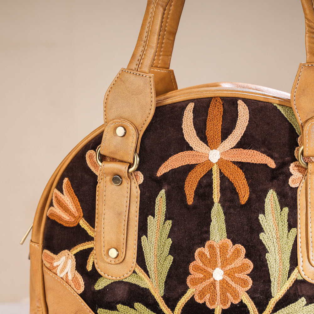 Brown - Original Crewel Hand Embroidered Leather Hand Bag