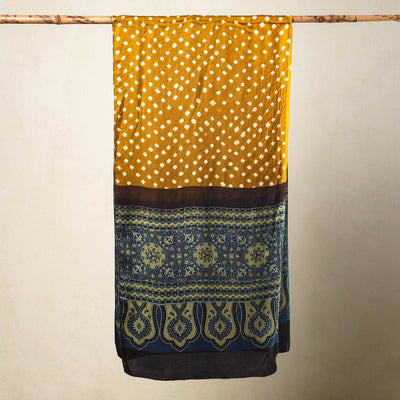 Brown - Kutch Bandhani Tie-Dye Ajrakh Block Printed Modal Silk Stole