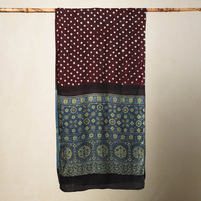 Brown - Kutch Bandhani Tie-Dye Ajrakh Block Printed Modal Silk Stole