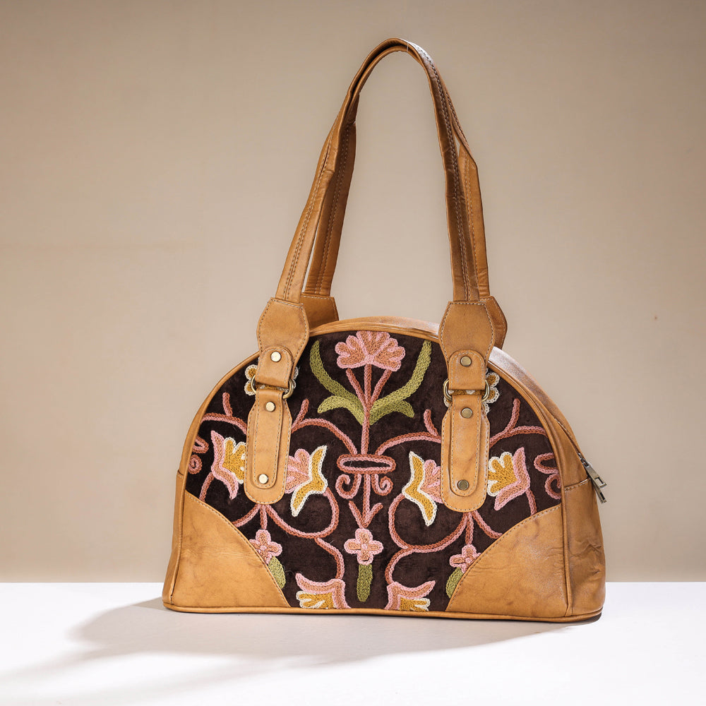 Black - Original Crewel Hand Embroidered Leather Hand Bag