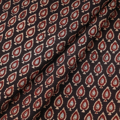 Black Red Leaf Butti Ajrakh Hand Block Printed Cotton Fabric