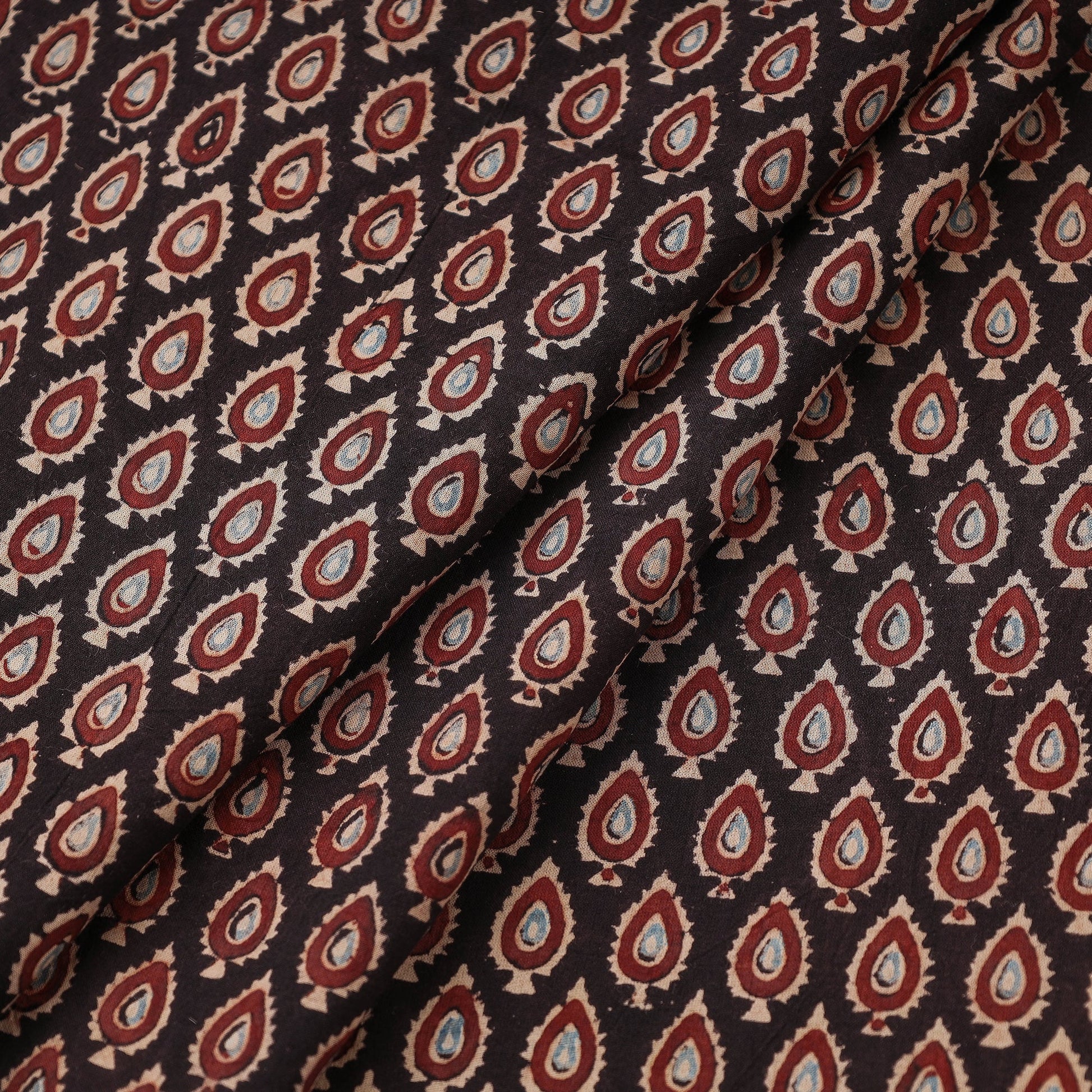 Black Red Leaf Butti Ajrakh Hand Block Printed Cotton Fabric