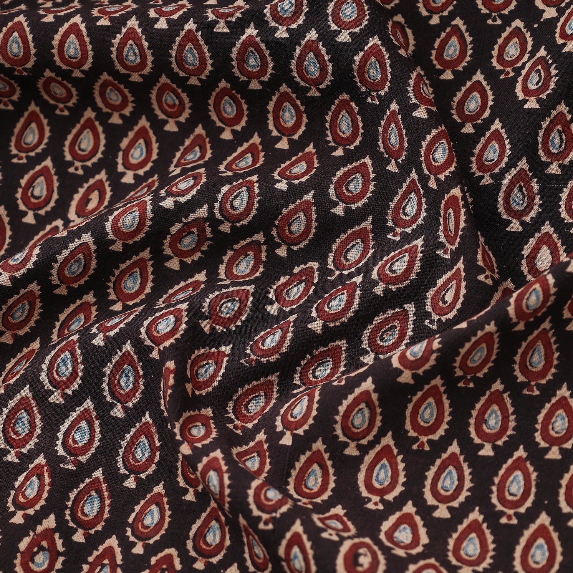 Black Red Leaf Butti Ajrakh Hand Block Printed Cotton Fabric