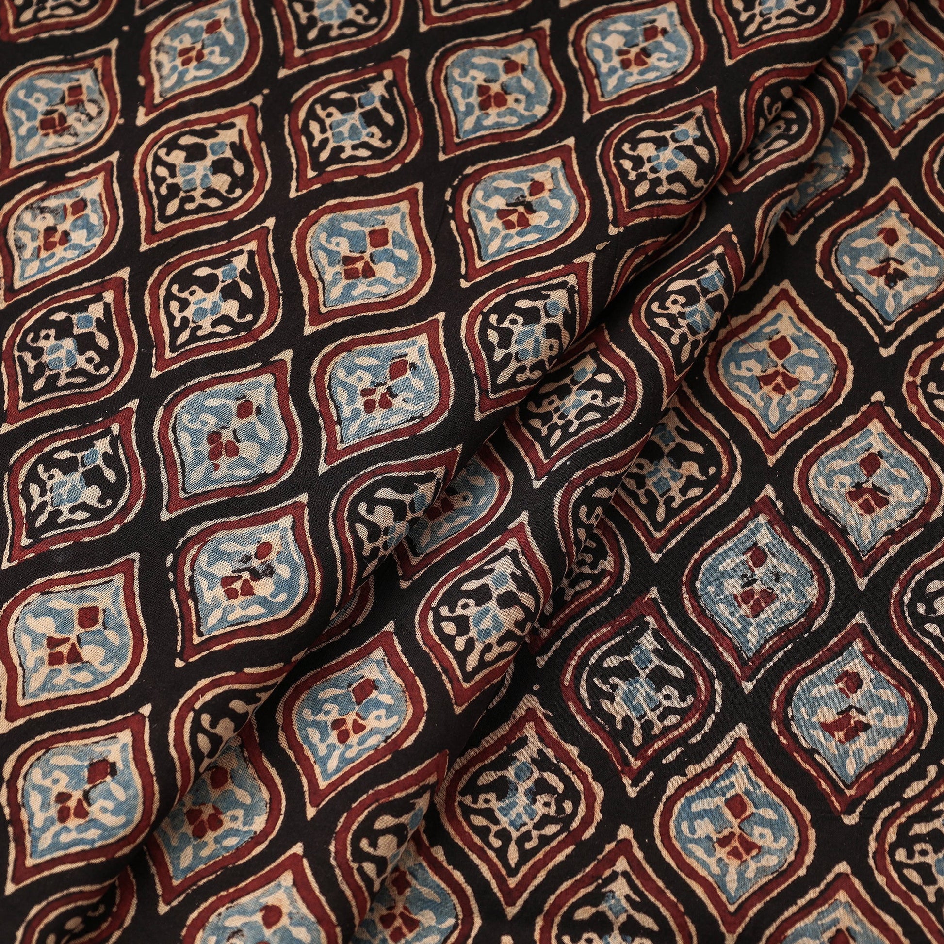 Black - Leaf Butta Ajrakh Hand Block Printed Cotton Fabric