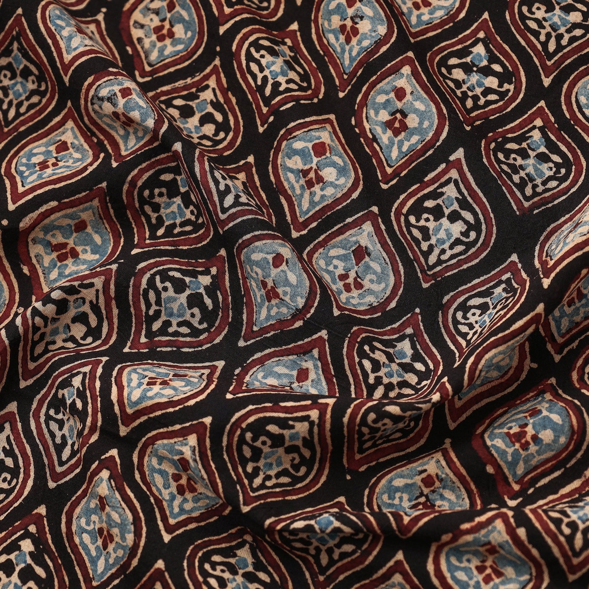 Black - Leaf Butta Ajrakh Hand Block Printed Cotton Fabric