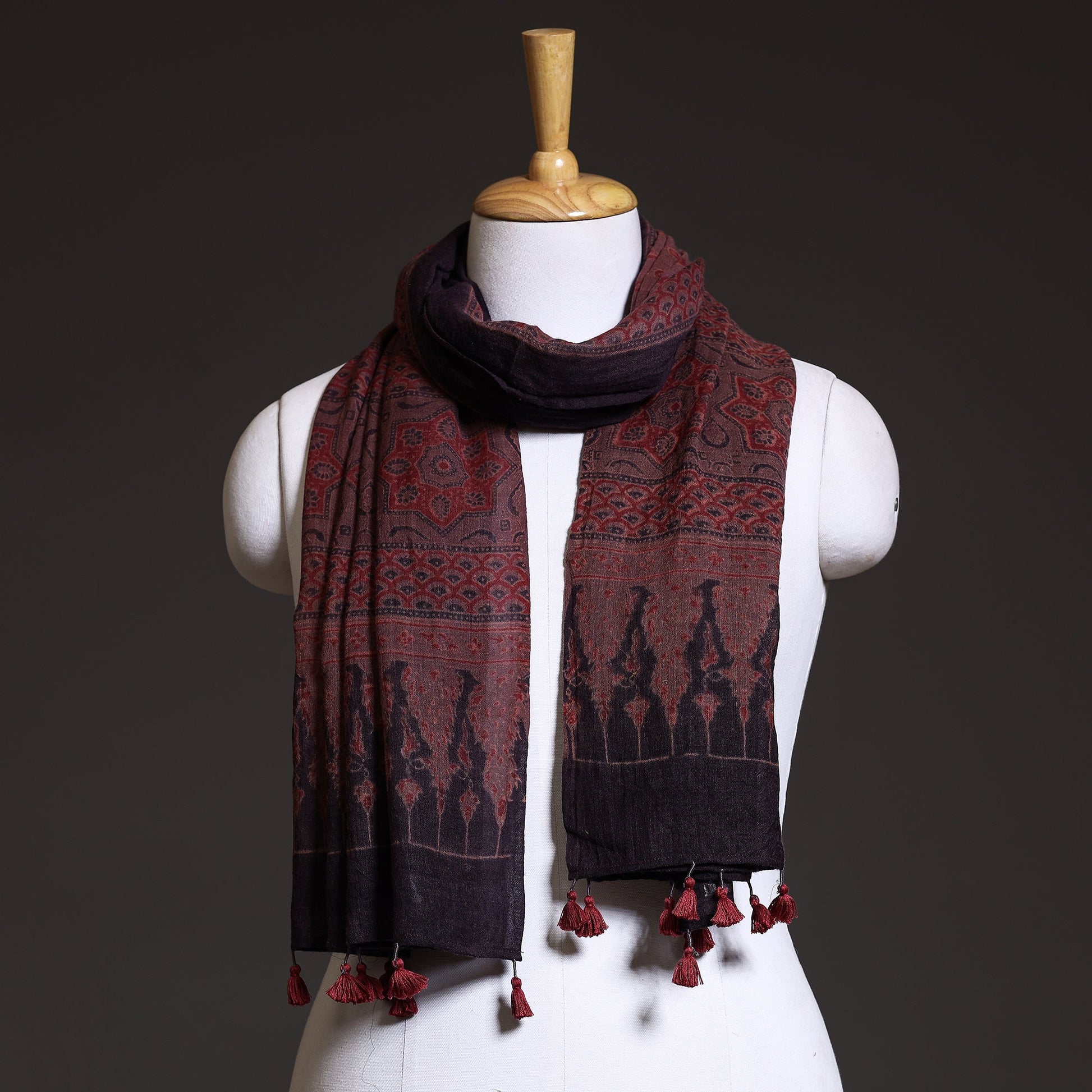 Brown - Block Print Woolen Ajrakh Stole