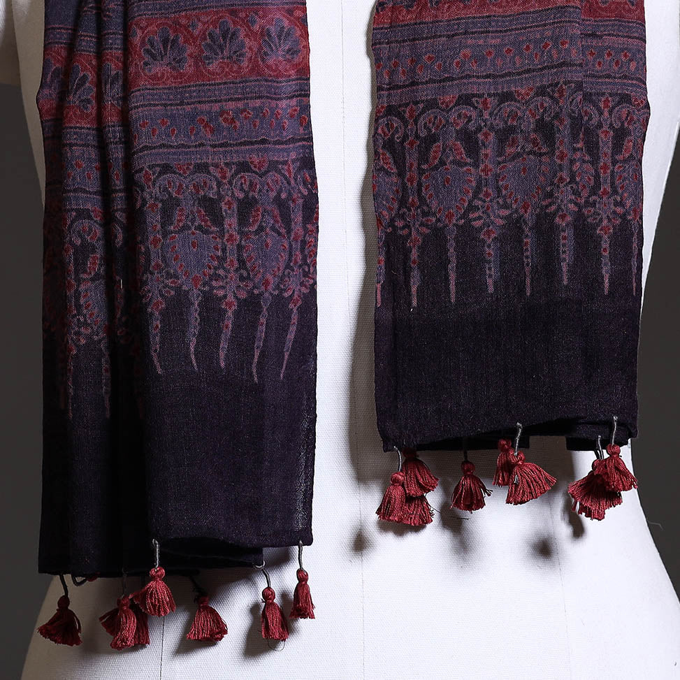 Blue - Block Print Woolen Ajrakh Stole