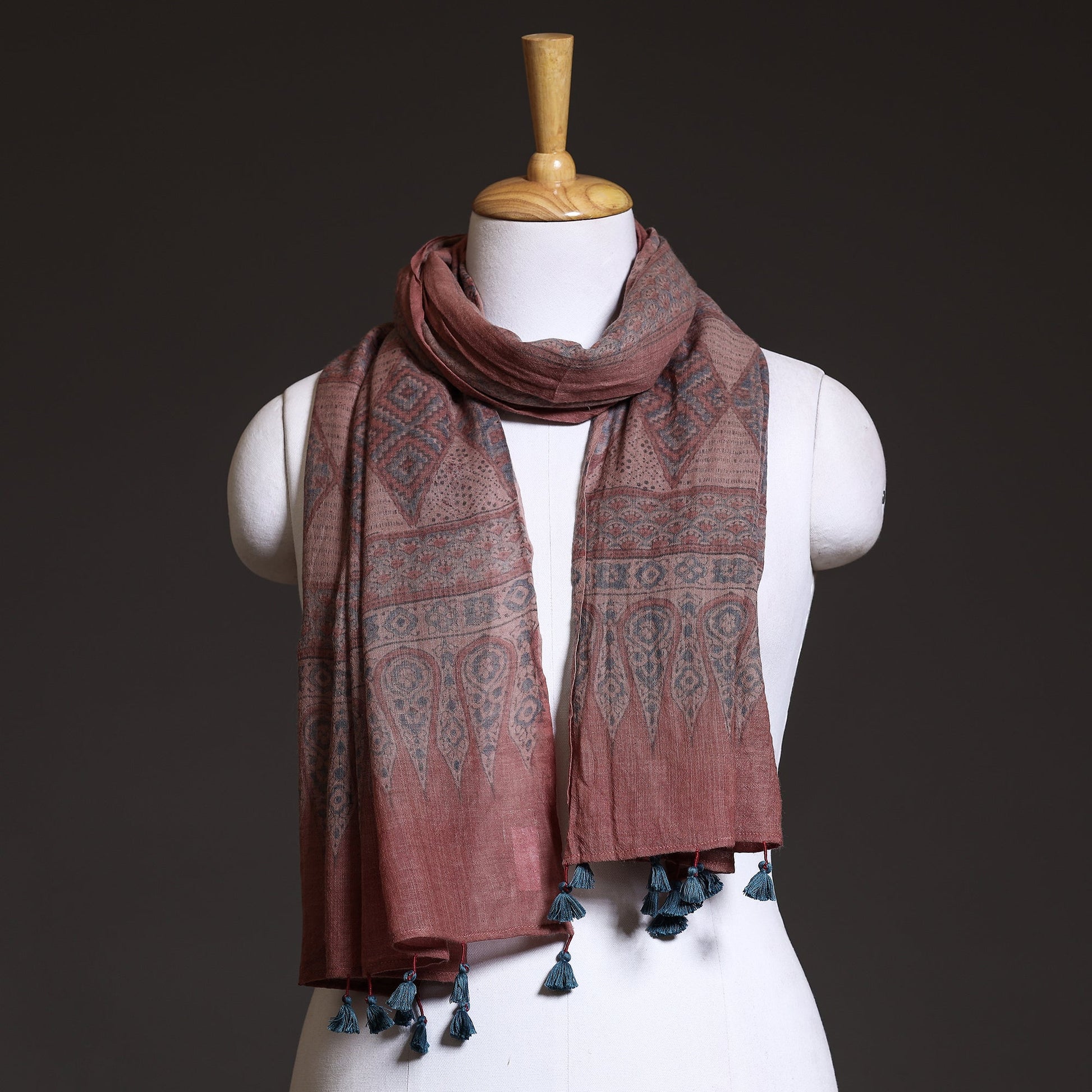 Brown - Block Print Woolen Ajrakh Stole