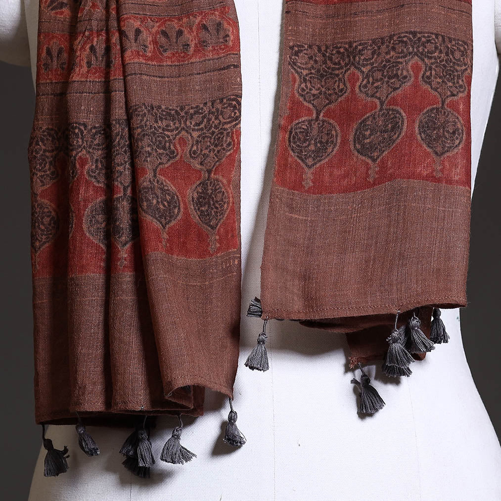 Brown - Block Print Woolen Ajrakh Stole