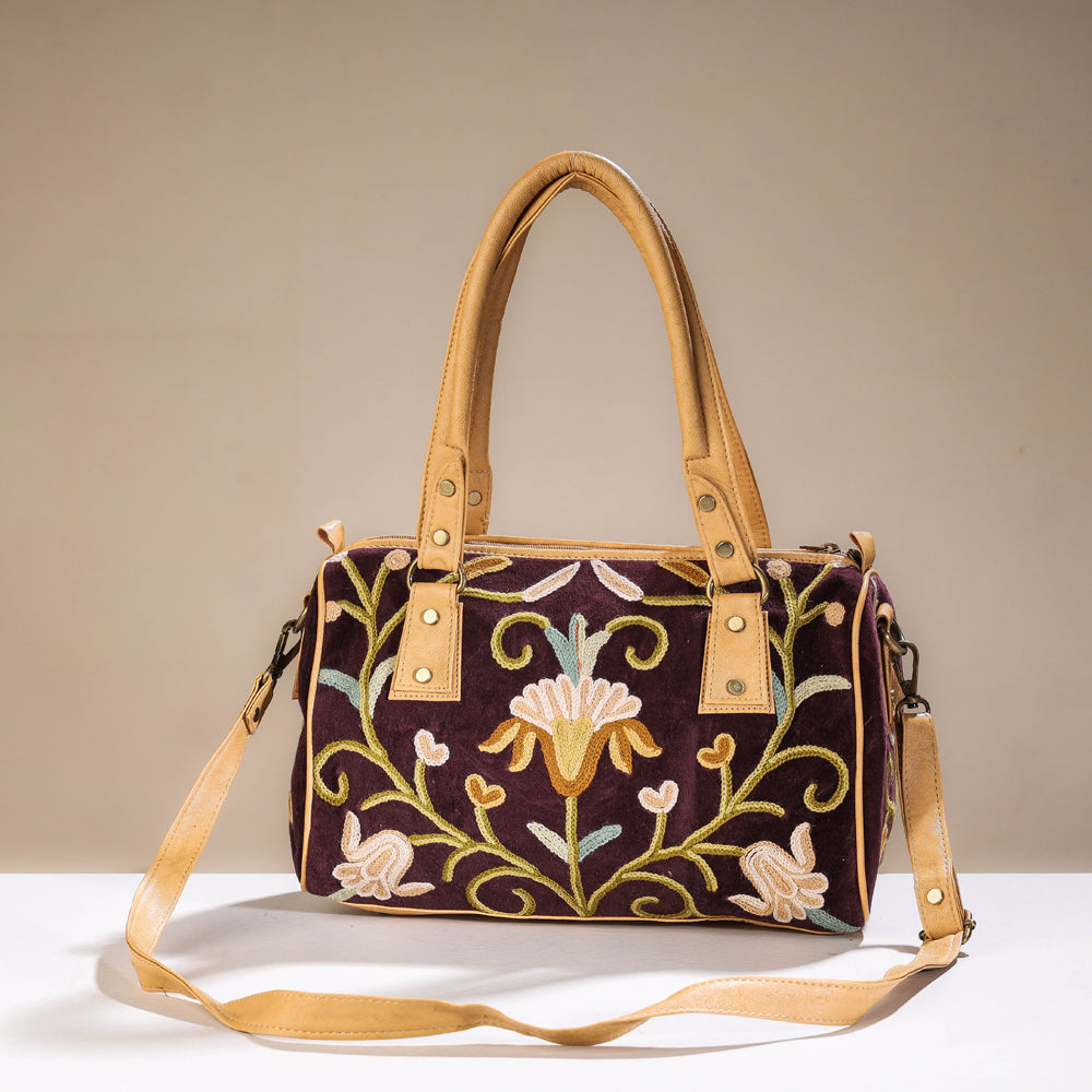 Brown - Original Crewel Hand Embroidered Hand Bag with Leather Handle