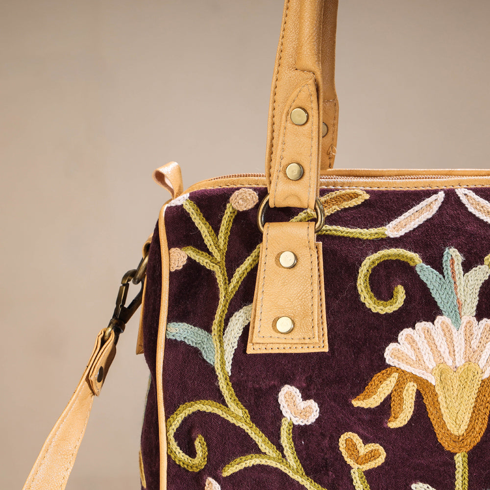 Brown - Original Crewel Hand Embroidered Hand Bag with Leather Handle