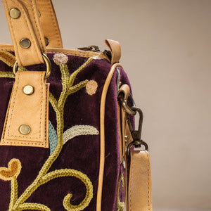 Brown - Original Crewel Hand Embroidered Hand Bag with Leather Handle