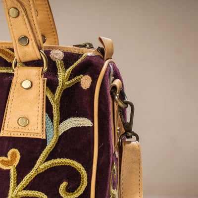 Brown - Original Crewel Hand Embroidered Hand Bag with Leather Handle