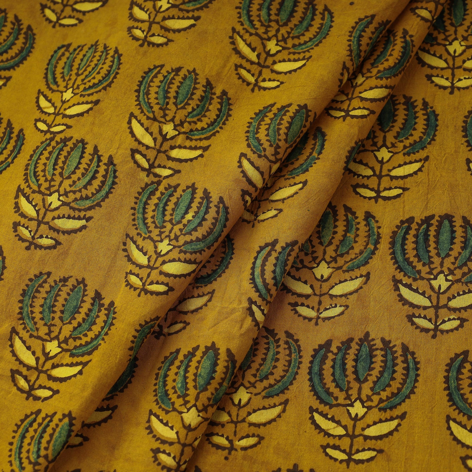 Beaming Yellow Lotus Butta Ajrakh Block Printed Cotton Fabric