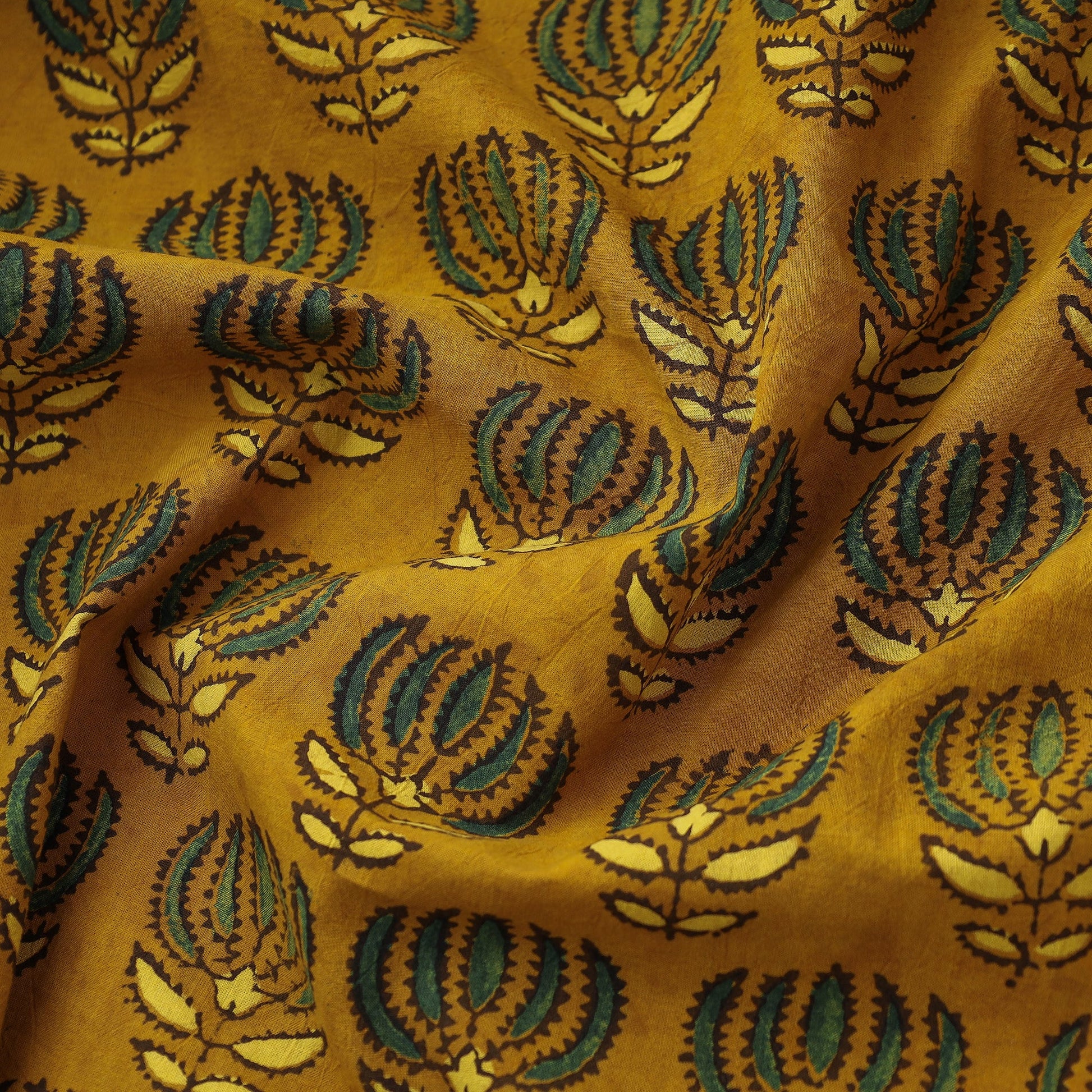 Beaming Yellow Lotus Butta Ajrakh Block Printed Cotton Fabric