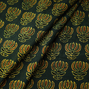 Big Green Lotus Butta Ajrakh Hand Block Printed Cotton Fabric