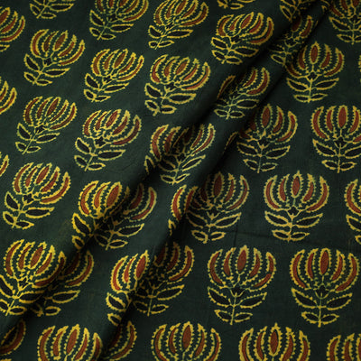 Big Green Lotus Butta Ajrakh Hand Block Printed Cotton Fabric