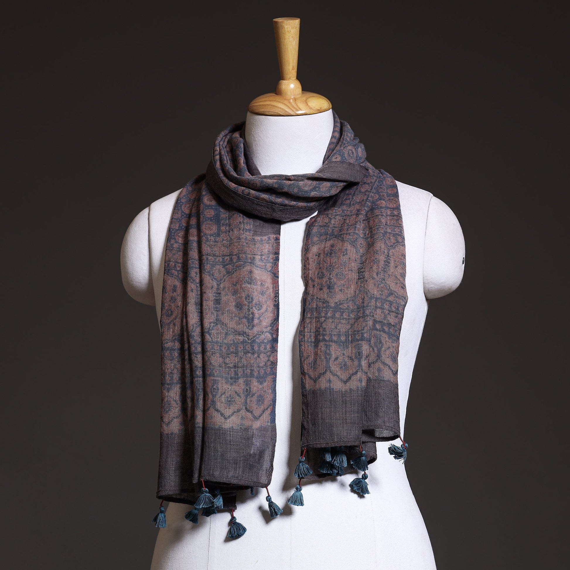 Blue - Block Print Woolen Ajrakh Stole