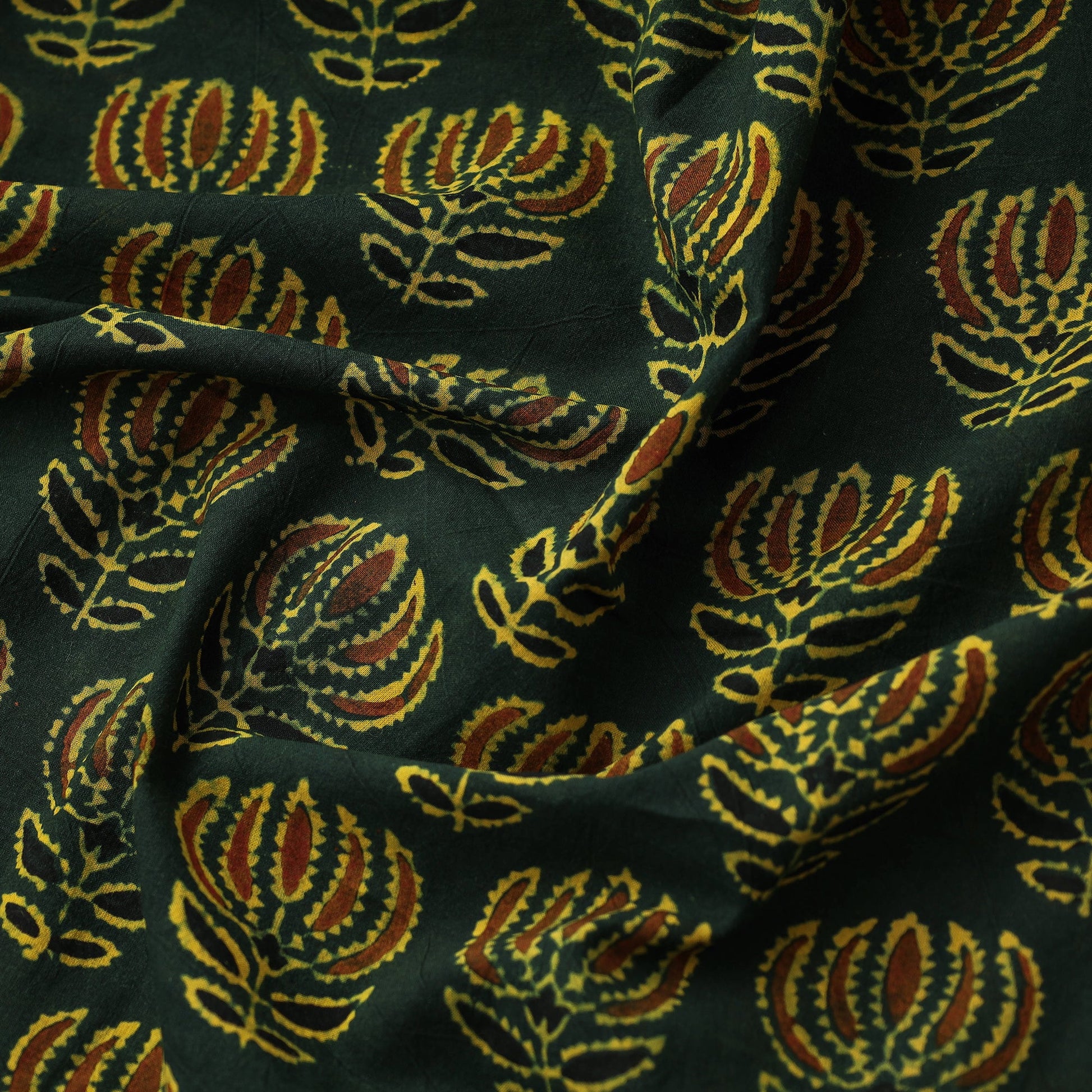 Big Green Lotus Butta Ajrakh Hand Block Printed Cotton Fabric