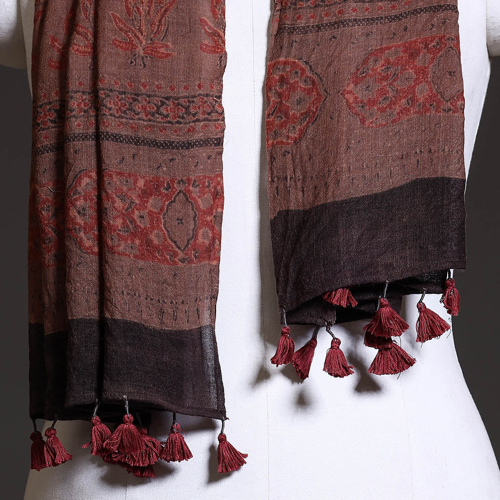 Brown - Block Print Woolen Ajrakh Stole