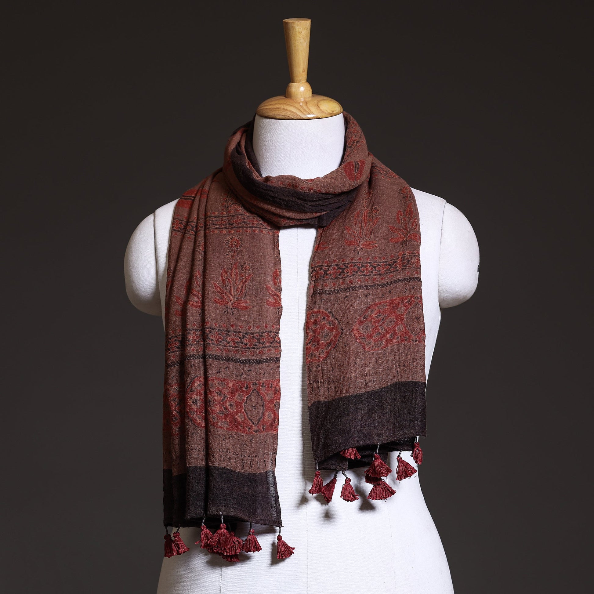 Brown - Block Print Woolen Ajrakh Stole