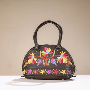 Brown - Original Crewel Hand Embroidered Leather Hand Bag