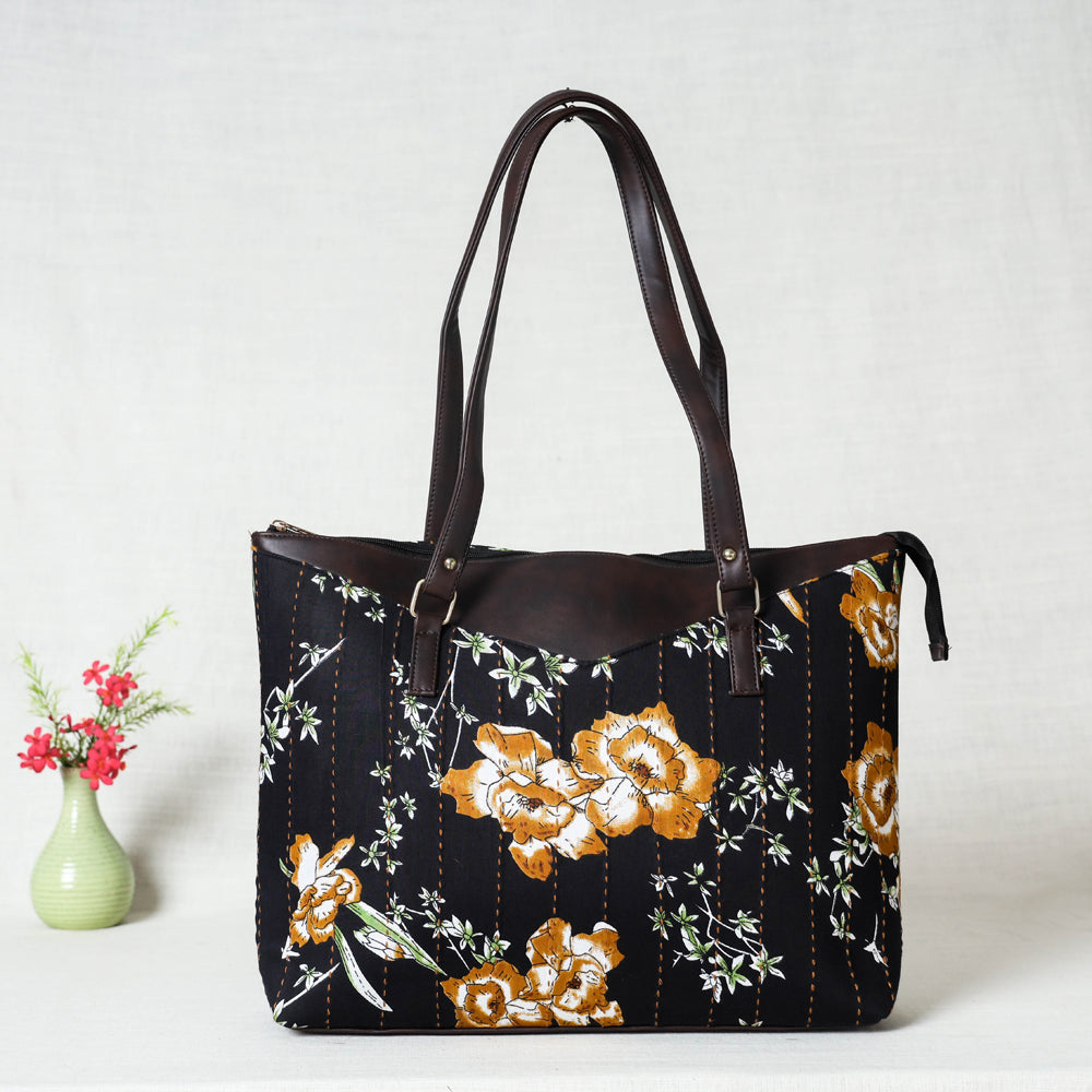 Black - Handcrafted Kantha Embroidered Printed Cotton Shoulder Bag