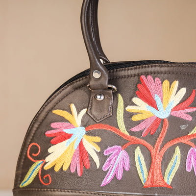 Brown - Original Crewel Hand Embroidered Leather Hand Bag