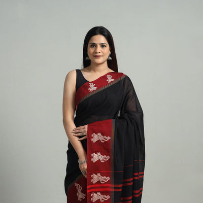 Black - Mercerised Cotton Thread Border Dharwad Saree 16