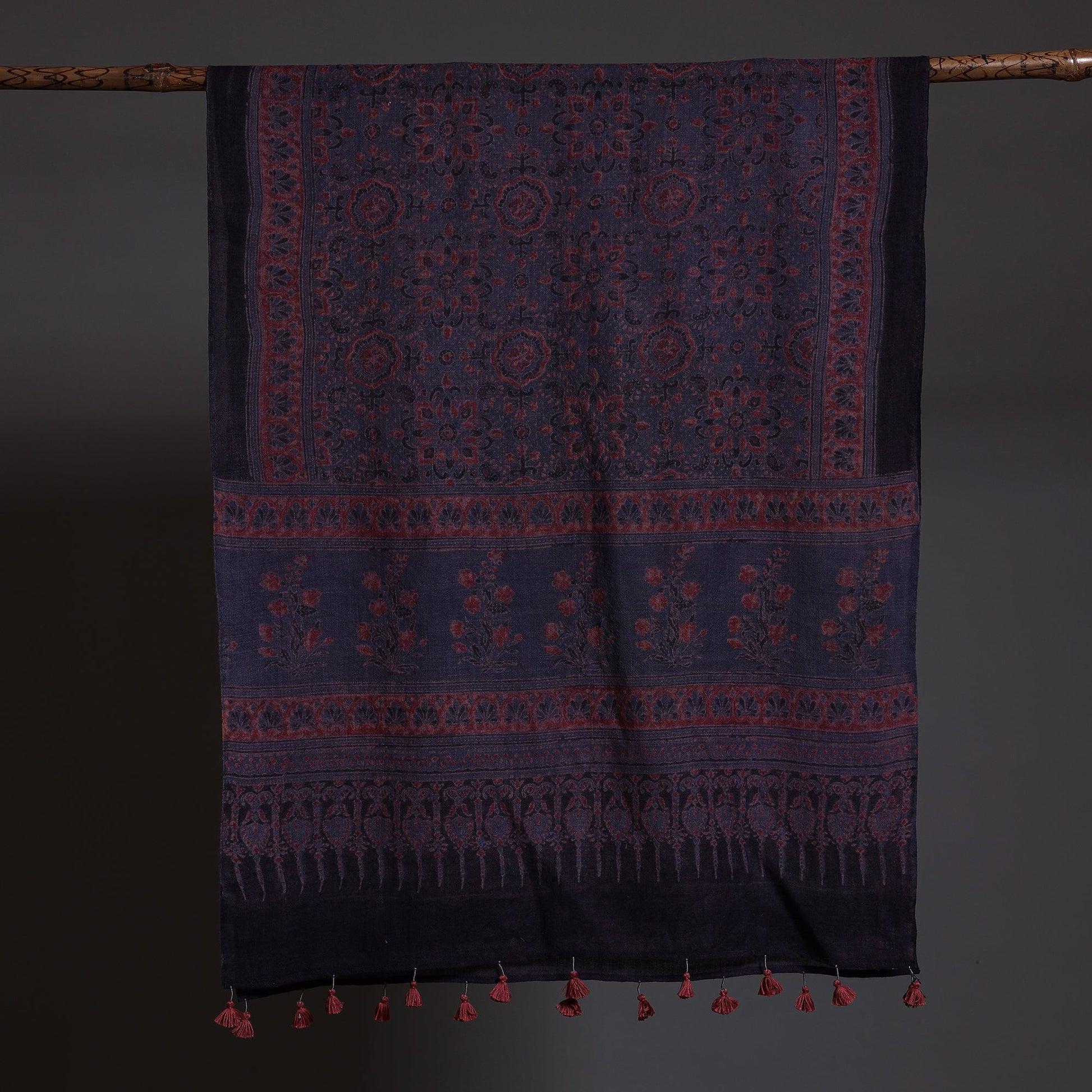 Blue - Block Print Woolen Ajrakh Stole