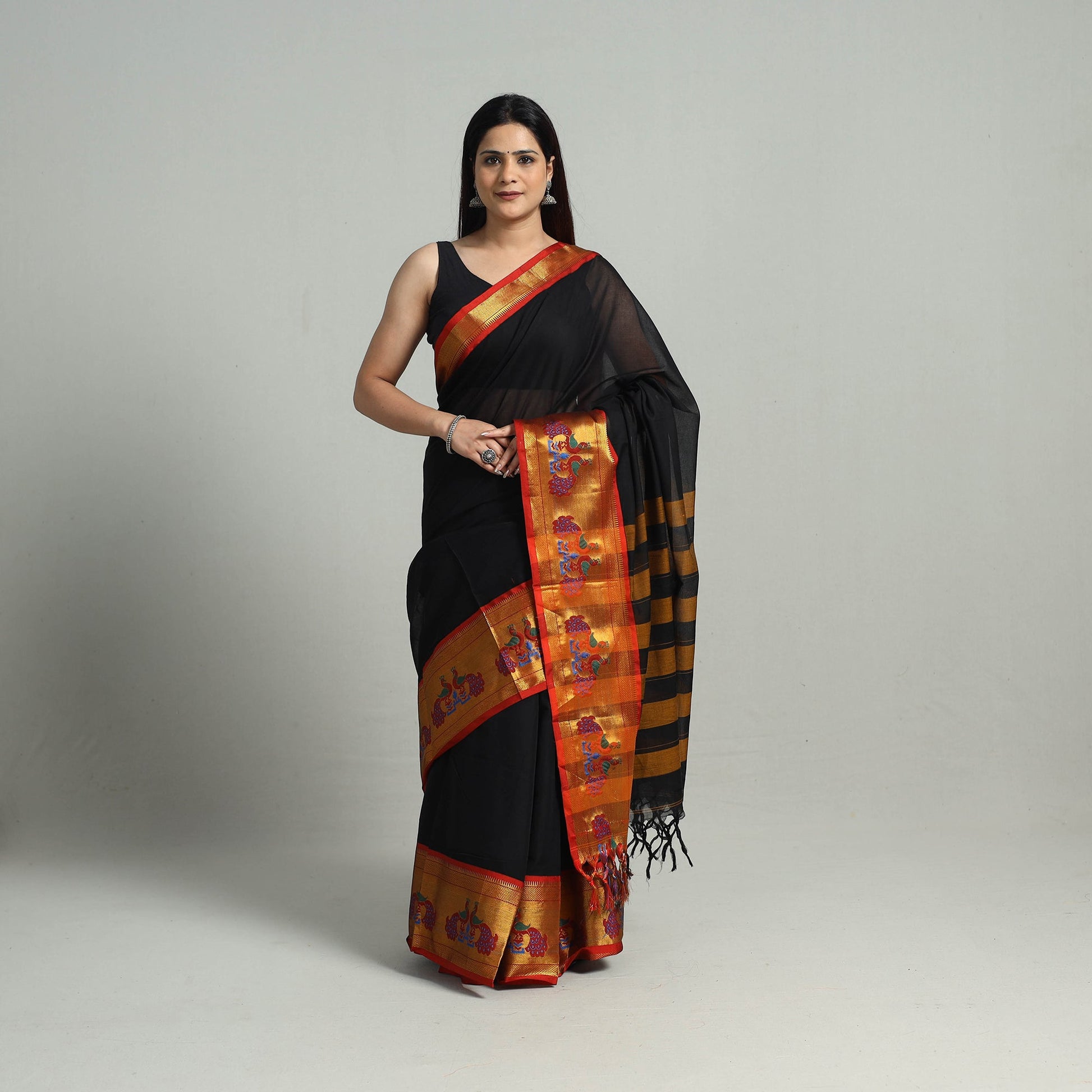 Black - Mercerised Cotton Paithani Zari Border Dharwad Saree 24