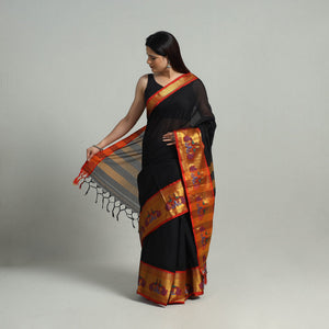 Black - Mercerised Cotton Paithani Zari Border Dharwad Saree 24