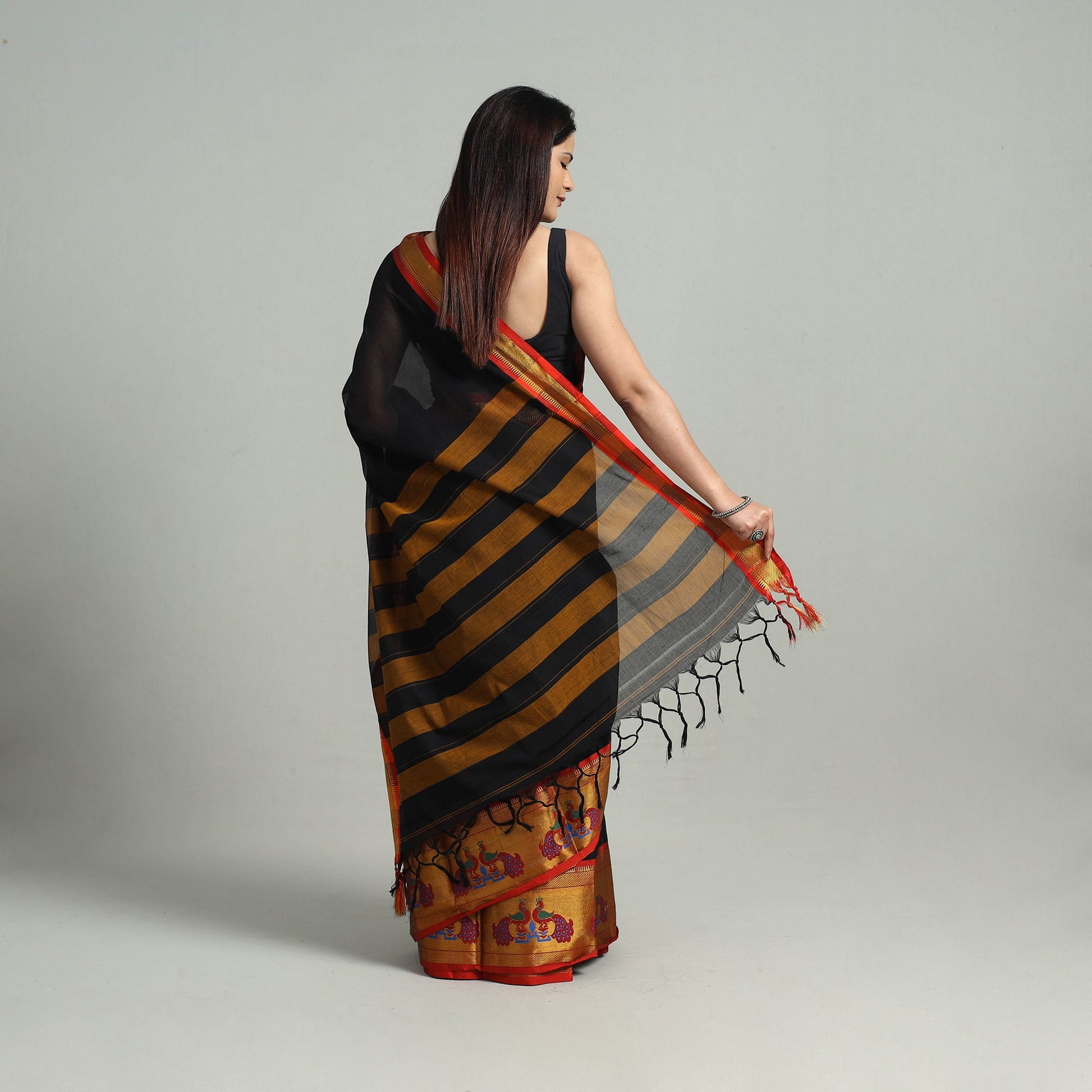 Black - Mercerised Cotton Paithani Zari Border Dharwad Saree 24