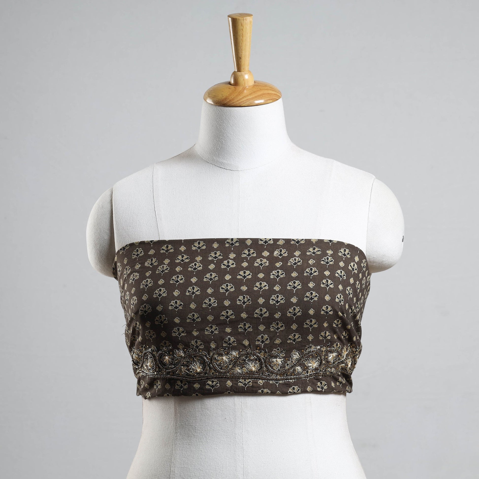 Brown - Ajrakh Block Printed Thread & Bead Work Hand Embroidery Cotton Blouse Piece