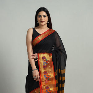 Black - Mercerised Cotton Paithani Zari Border Dharwad Saree 24