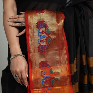 Black - Mercerised Cotton Paithani Zari Border Dharwad Saree 24